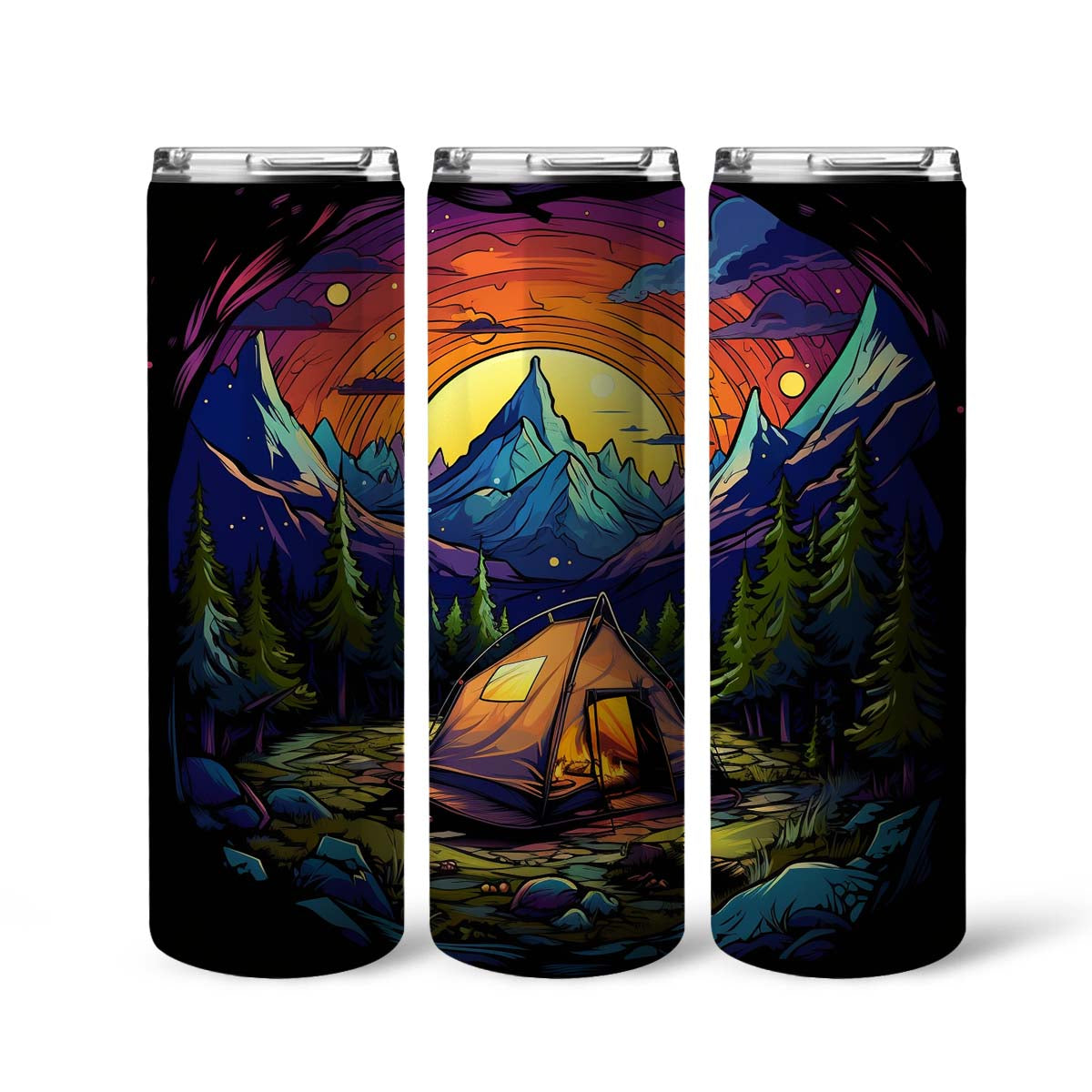 Camping Mountain Sunset 20oz Skinny Tumbler, Outdoors Tumbler, Retro Camping, Vibrant Tumbler, Trending Tumbler