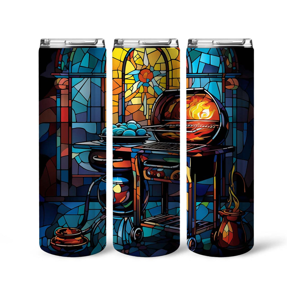 BBQ Grill In Stained Glass 20oz Skinny Tumbler, Outdoors Tumbler, Food Lover, Vibrant Tumbler, Trending Tumbler