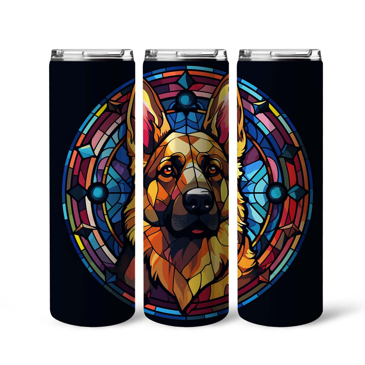 German Shepherd In Stained Glass 20oz Skinny Tumbler, German Shepherd Tumbler, Pets Dog Lover, Dog Mom Dog Dad, Vibrant Tumbler, Trending Tumbler