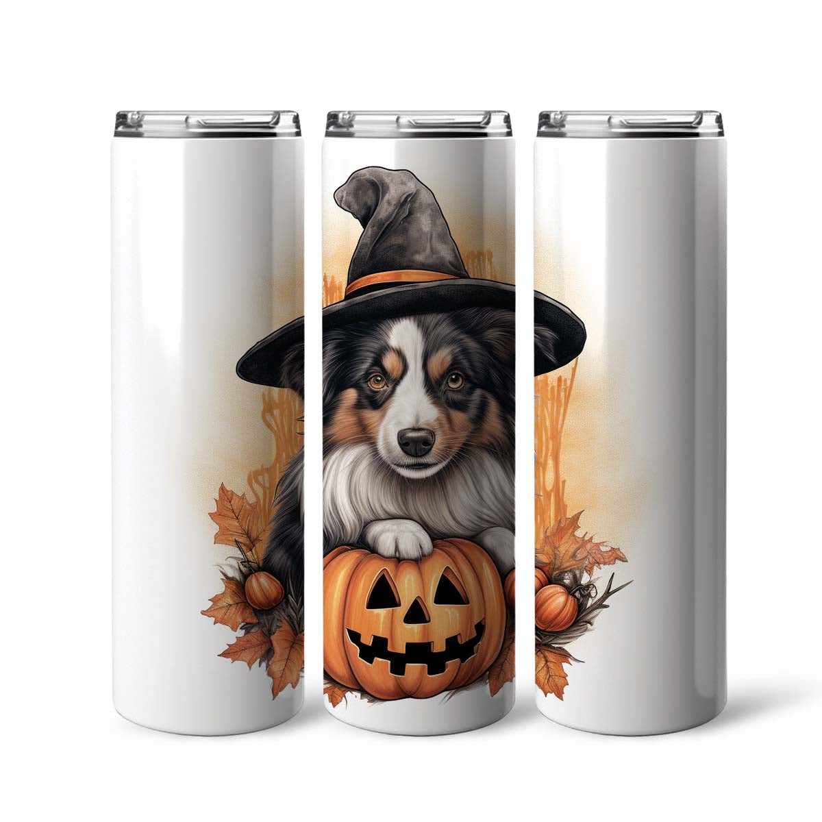 Happy Halloween Australian Shepherd With Pumpkin 20oz Skinny Tumbler, Australian Shepherd Tumbler, Pets Dog Lover, Dog Mom Dog Dad, Vibrant Tumbler, Trending Tumbler