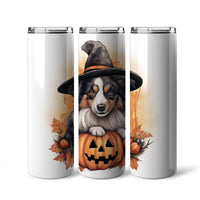 Thumbnail for Happy Halloween Australian Shepherd With Pumpkin 20oz Skinny Tumbler, Australian Shepherd Tumbler, Pets Dog Lover, Dog Mom Dog Dad, Vibrant Tumbler, Trending Tumbler