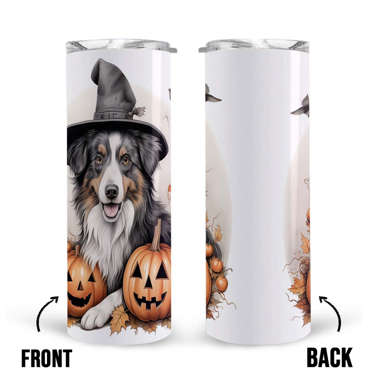 Happy Halloween Australian Shepherd With Pumpkin 20oz Skinny Tumbler, Australian Shepherd Tumbler, Pets Dog Lover, Dog Mom Dog Dad, Vibrant Tumbler, Trending Tumbler