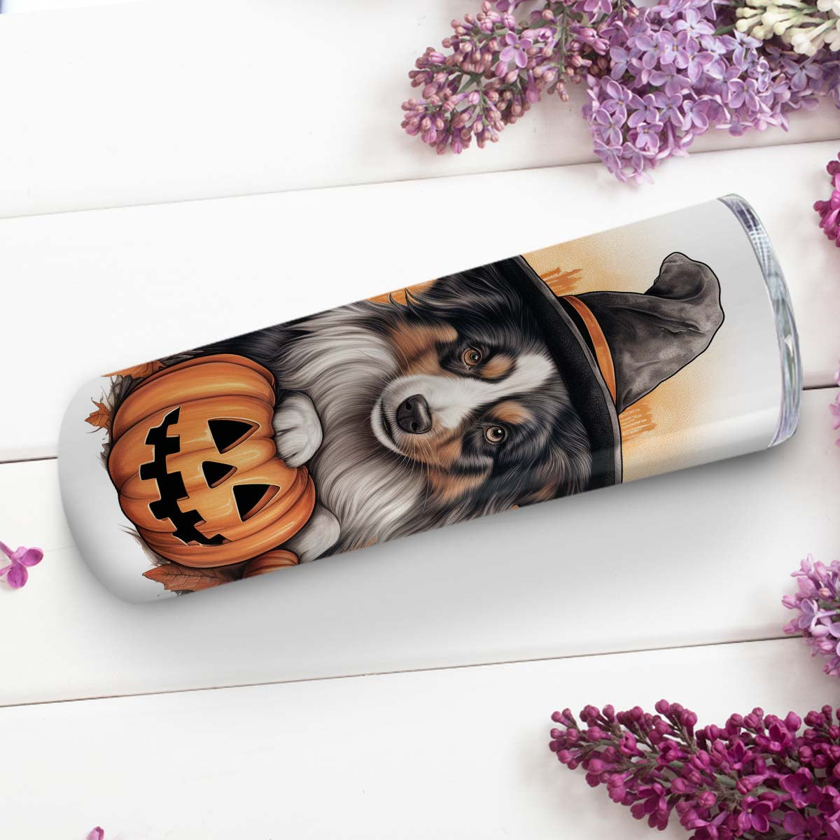 Happy Halloween Australian Shepherd With Pumpkin 20oz Skinny Tumbler, Australian Shepherd Tumbler, Pets Dog Lover, Dog Mom Dog Dad, Vibrant Tumbler, Trending Tumbler