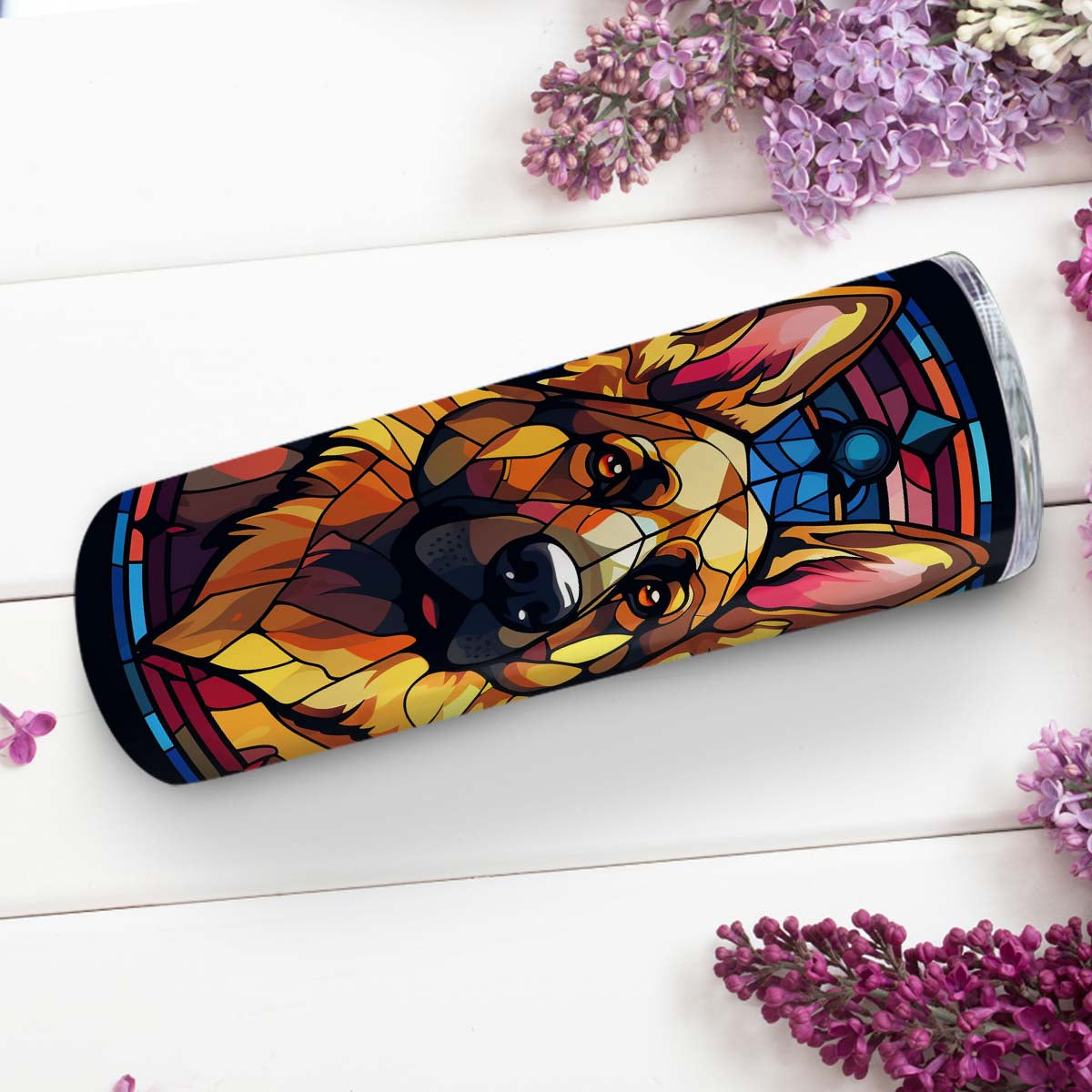 German Shepherd In Stained Glass 20oz Skinny Tumbler, German Shepherd Tumbler, Pets Dog Lover, Dog Mom Dog Dad, Vibrant Tumbler, Trending Tumbler