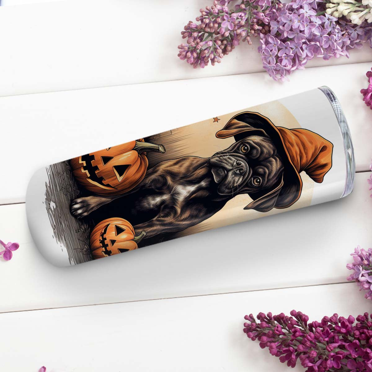 Halloween Boxer Sitting In Hall  20oz Skinny Tumbler, Boxer Tumbler, Pets Dog Lover, Dog Mom Dog Dad, Vibrant Tumbler, Trending Tumbler