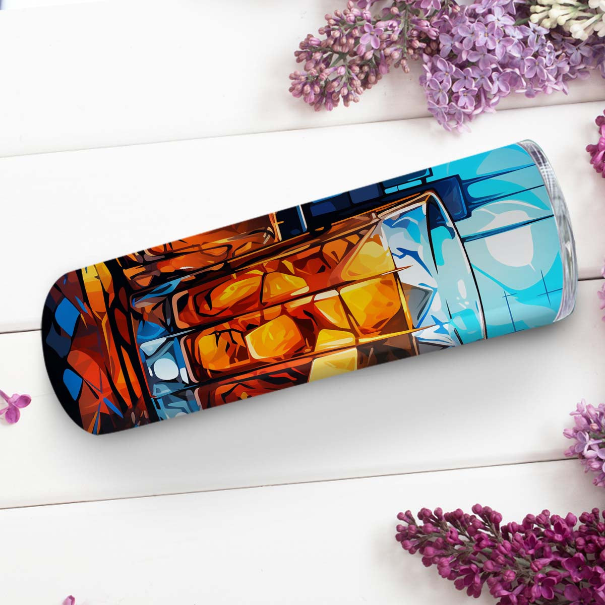 Premium Watercolor Whiskey In Stained Glass 20oz Skinny Tumbler, Whiskey Lover, Alcohol Tumbler, Vibrant Tumbler, Trending Tumbler