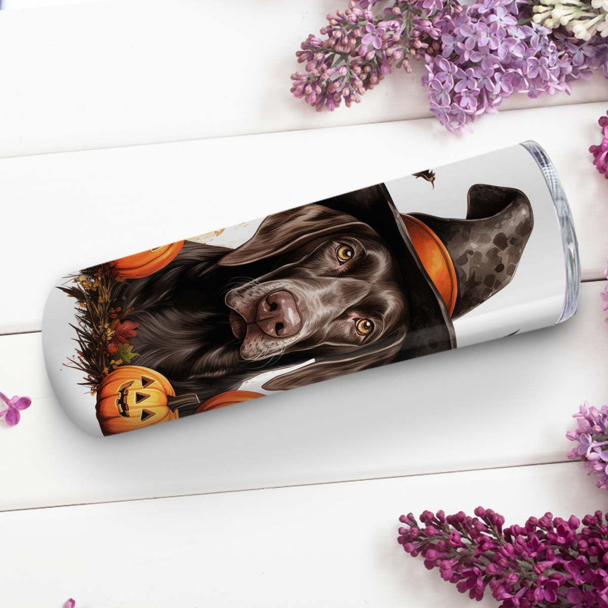 Halloween German Shorthaired Pointer Sitting In Hall 20oz Skinny Tumbler, German Shorthaired Pointer Tumbler, Pets Dog Lover, Dog Mom Dog Dad, Vibrant Tumbler, Trending Tumbler