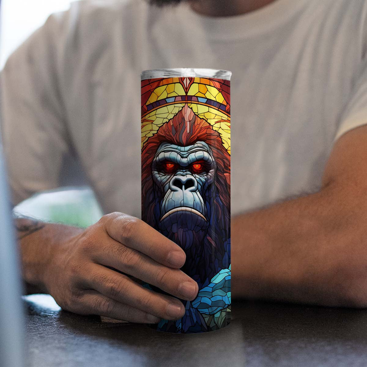 Bigfoot In Stained Glass 20oz Skinny Tumbler, Sasquatch Lover's, Outdoors Tumbler, Vibrant Tumbler, Trending Tumbler