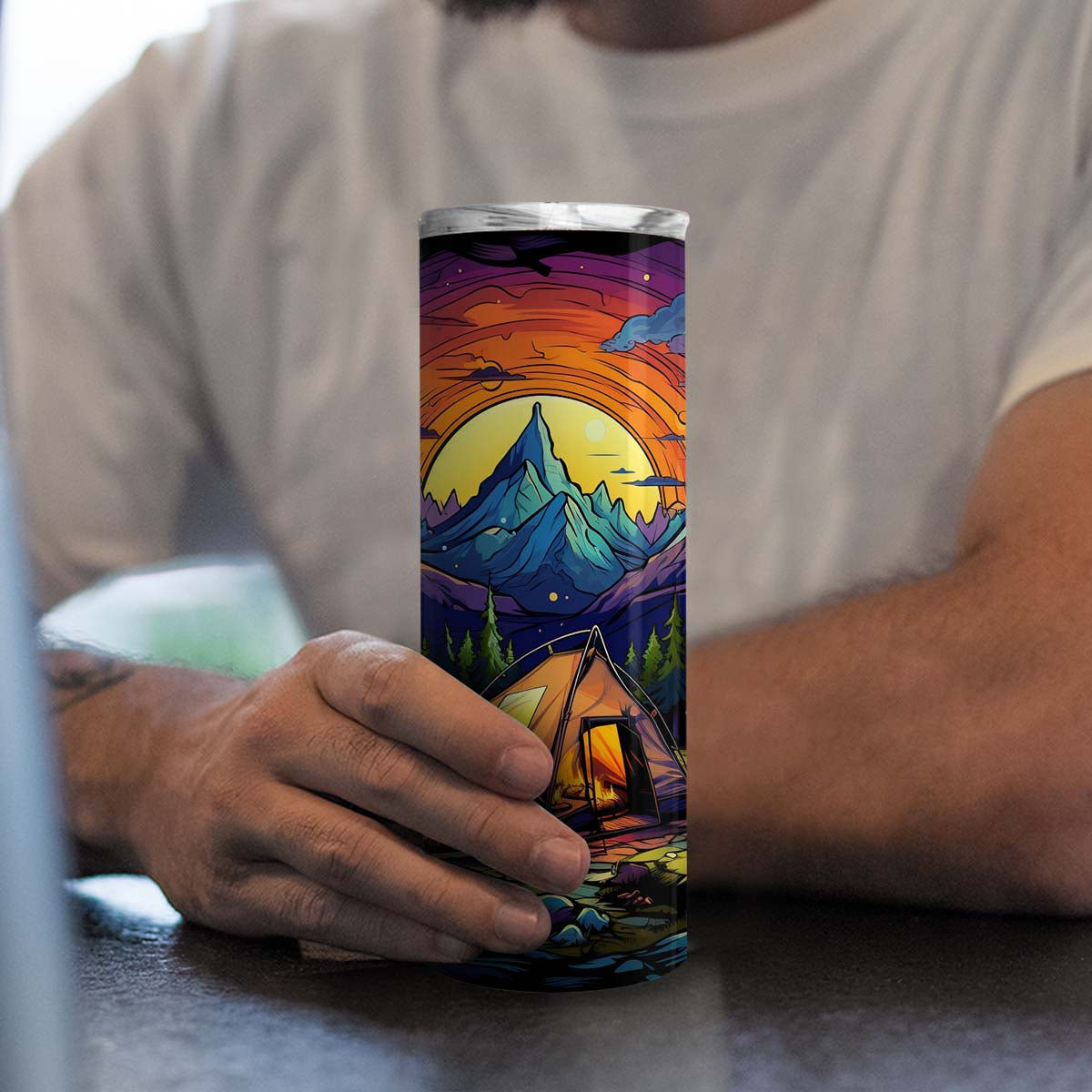 Camping Mountain Sunset 20oz Skinny Tumbler, Outdoors Tumbler, Retro Camping, Vibrant Tumbler, Trending Tumbler