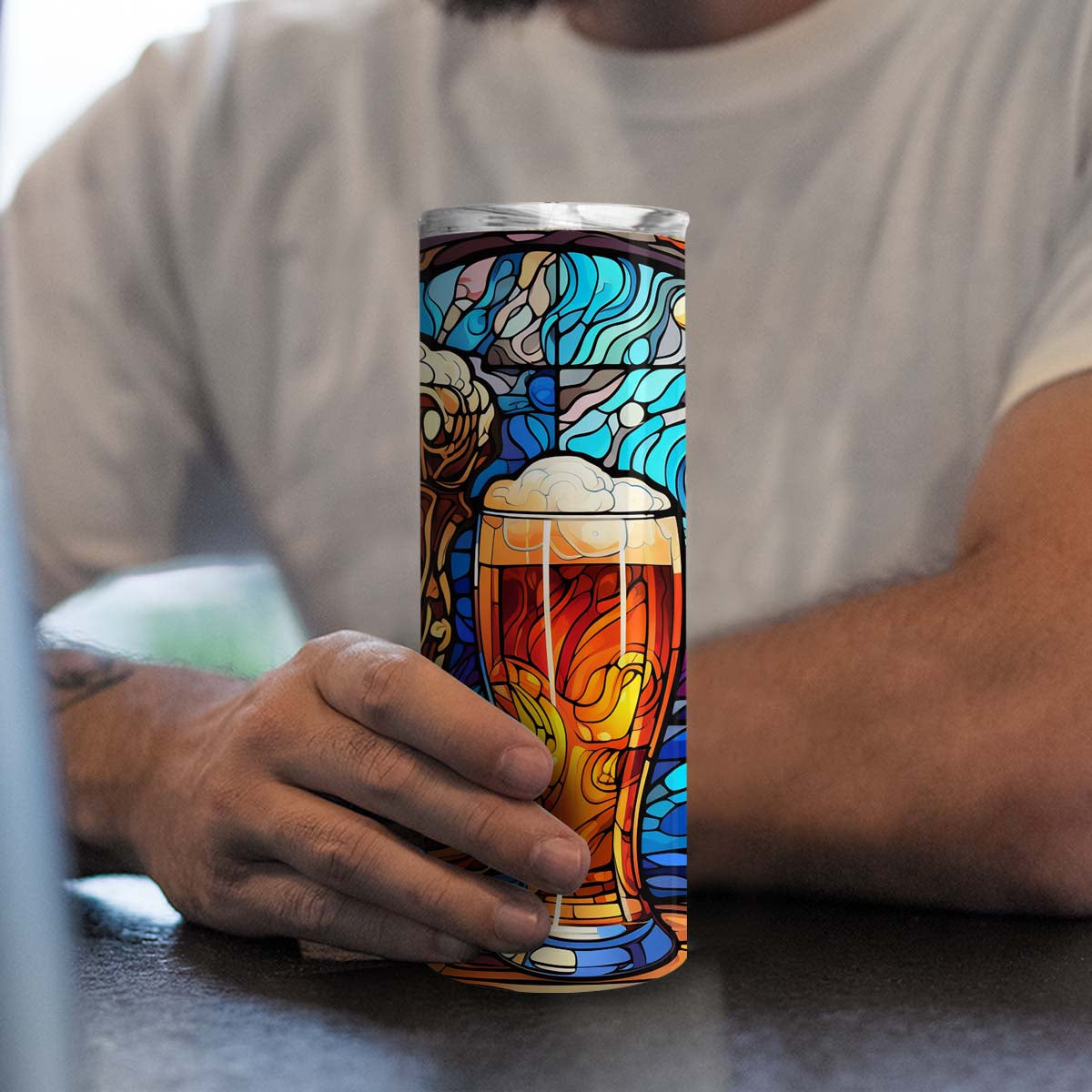 Mysterious Beer In Stained Glass 20oz Skinny Tumbler, Beer Lover, Alcohol Tumbler, Vibrant Tumbler, Trending Tumbler