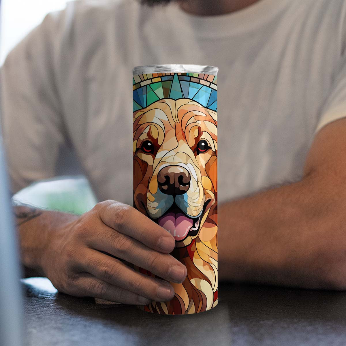 Golden Retriever In Stained Glass 20oz Skinny Tumbler, Golden Retriever Tumbler, Pets Dog Lover, Dog Mom Dog Dad, Vibrant Tumbler, Trending Tumbler