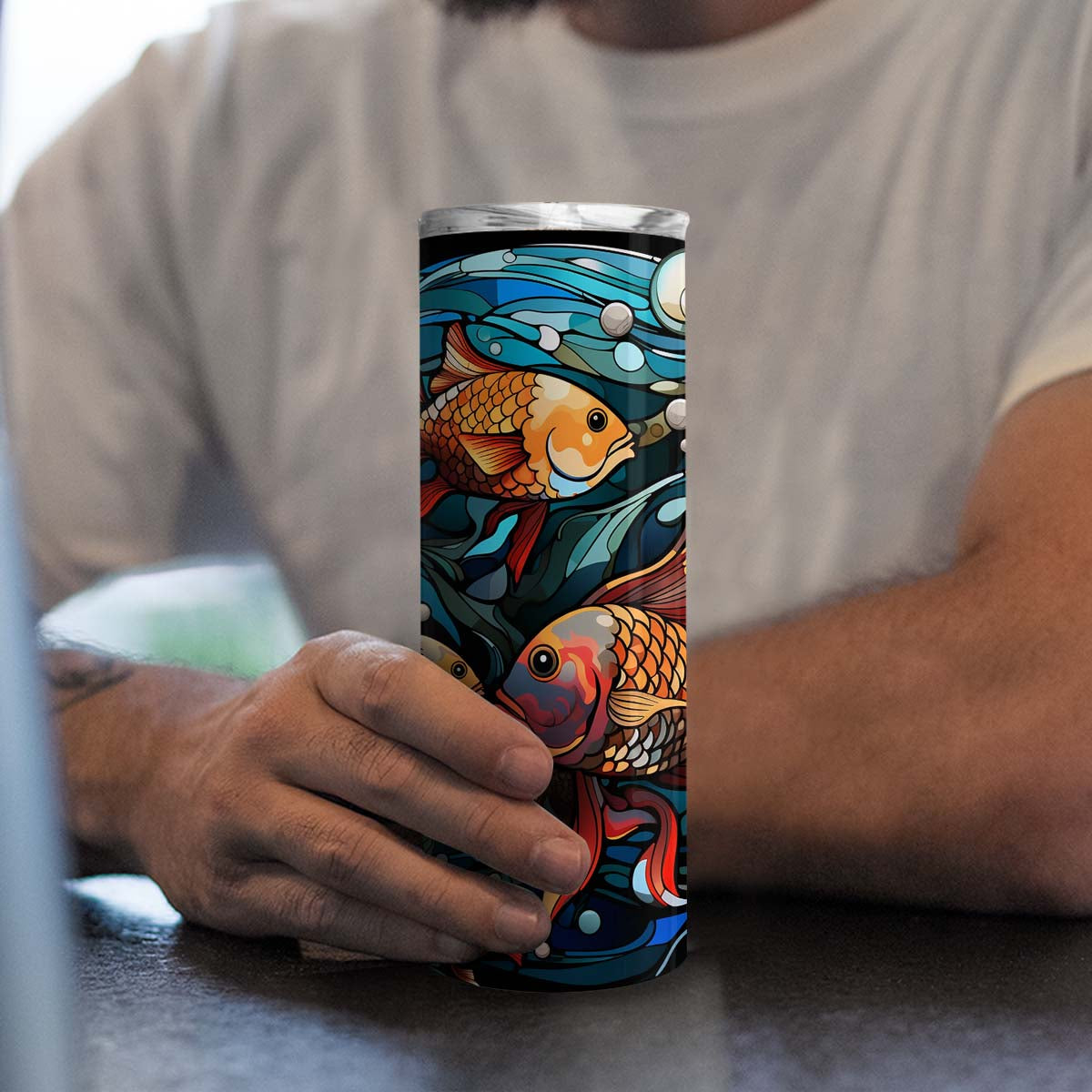 Fish In Stained Glass 20oz Skinny Tumbler, Fish Lover, Colorful Tumbler, Vibrant Tumbler, Trending Tumbler