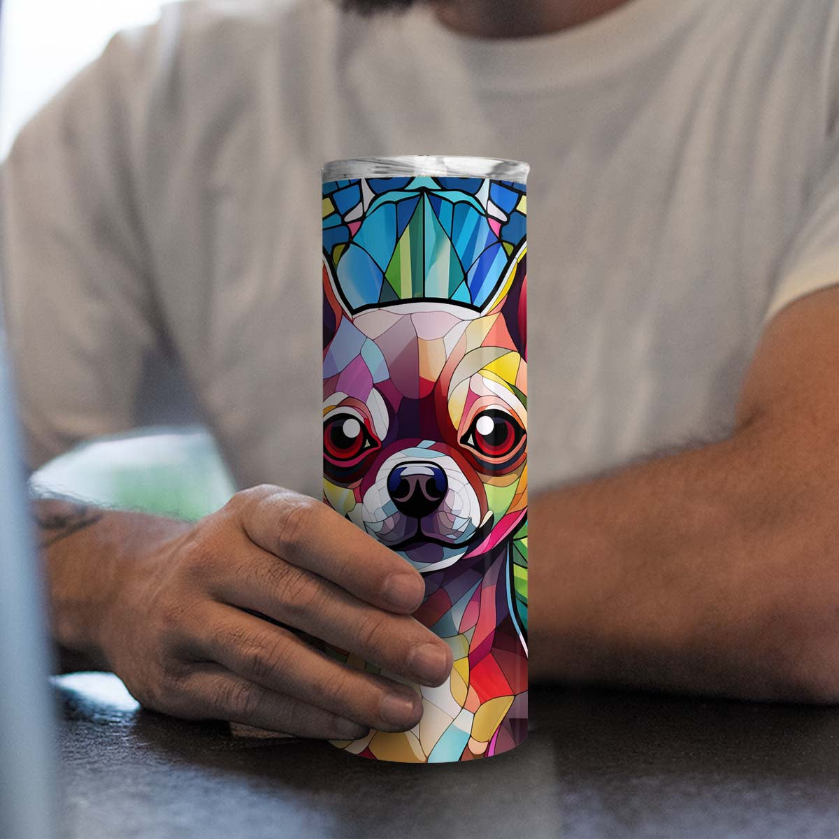 Chihuahua In Stained Glass 20oz Skinny Tumbler, Chihuahua Tumbler, Pets Dog Lover, Dog Mom Dog Dad, Vibrant Tumbler, Trending Tumbler