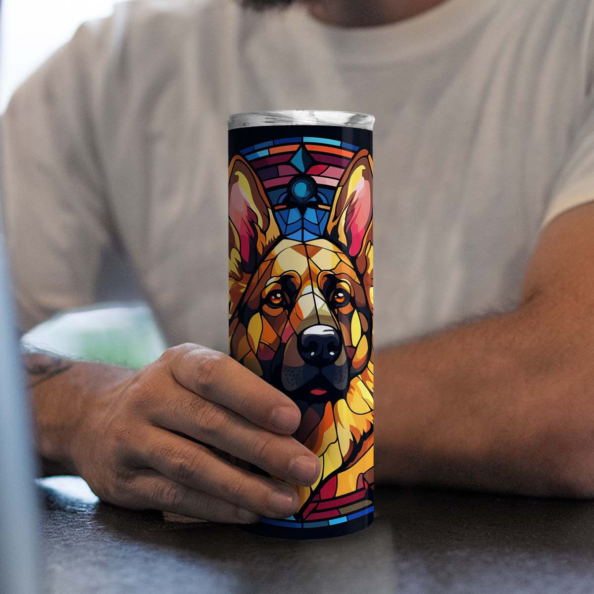 German Shepherd In Stained Glass 20oz Skinny Tumbler, German Shepherd Tumbler, Pets Dog Lover, Dog Mom Dog Dad, Vibrant Tumbler, Trending Tumbler