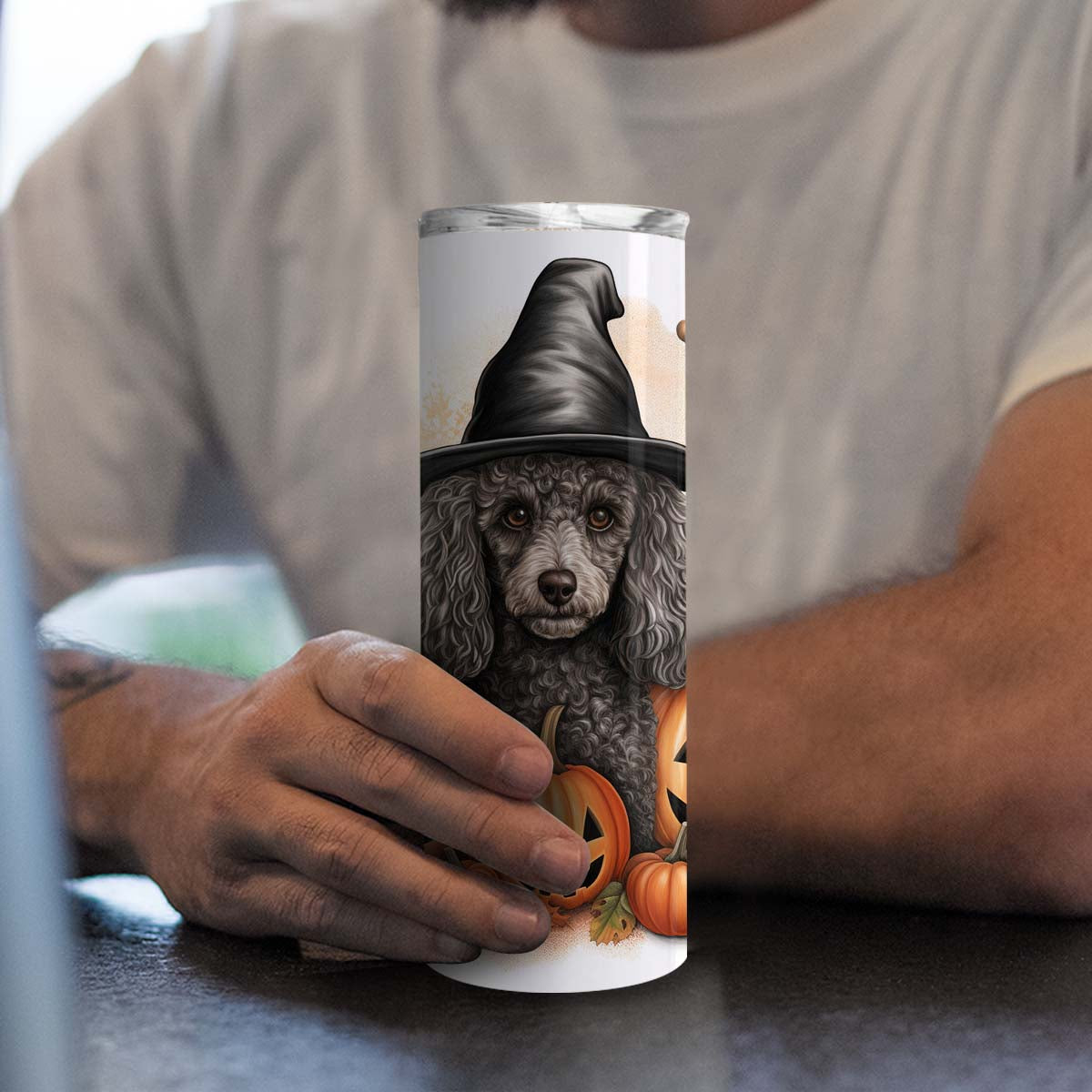 Halloween Poodle Sitting In Hall 20oz Skinny Tumbler, Poodle Tumbler, Pets Dog Lover, Dog Mom Dog Dad, Vibrant Tumbler, Trending Tumbler