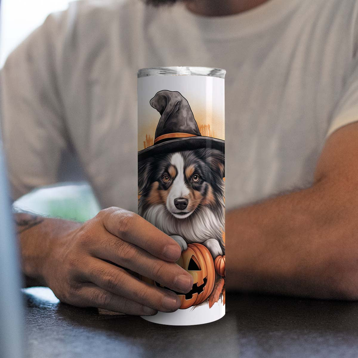 Happy Halloween Australian Shepherd With Pumpkin 20oz Skinny Tumbler, Australian Shepherd Tumbler, Pets Dog Lover, Dog Mom Dog Dad, Vibrant Tumbler, Trending Tumbler