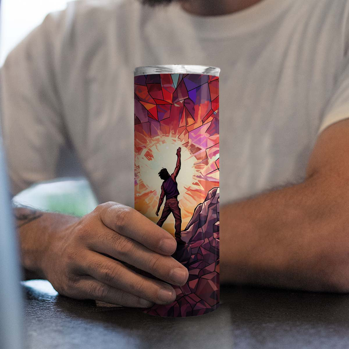 Rock Climbing In Stained Glass 20oz Skinny Tumbler, Outdoors Tumbler, Mountain Climber, Vibrant Tumbler, Trending Tumbler