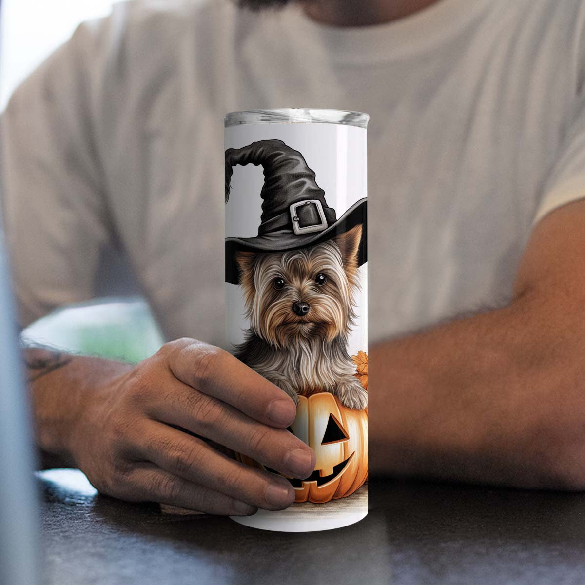 Happy Halloween Yorkshire Terrier With Pumpkin 20oz Skinny Tumbler, Cute Yorkshire Terrier Tumbler, Pets Dog Lover, Dog Mom Dog Dad, Vibrant Tumbler, Trending Tumbler