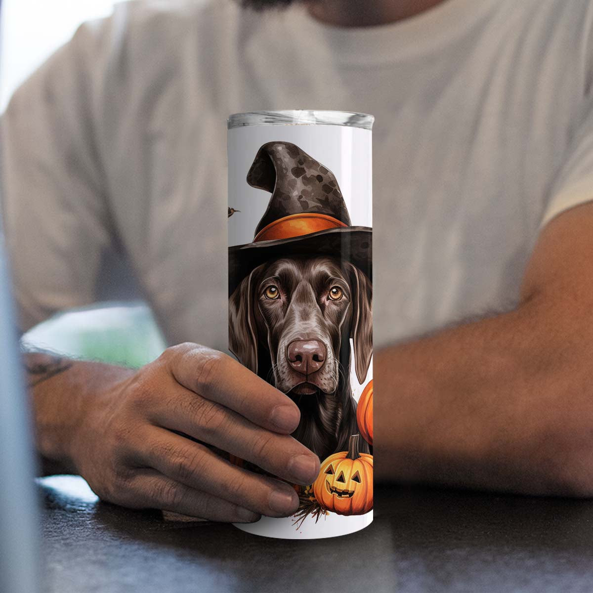 Halloween German Shorthaired Pointer Sitting In Hall 20oz Skinny Tumbler, German Shorthaired Pointer Tumbler, Pets Dog Lover, Dog Mom Dog Dad, Vibrant Tumbler, Trending Tumbler