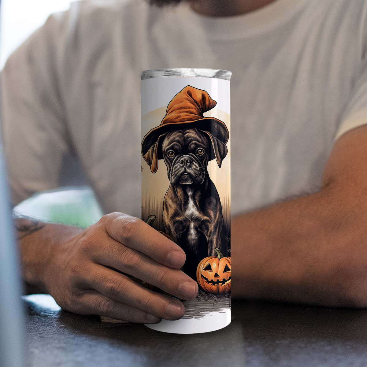 Halloween Boxer Sitting In Hall  20oz Skinny Tumbler, Boxer Tumbler, Pets Dog Lover, Dog Mom Dog Dad, Vibrant Tumbler, Trending Tumbler