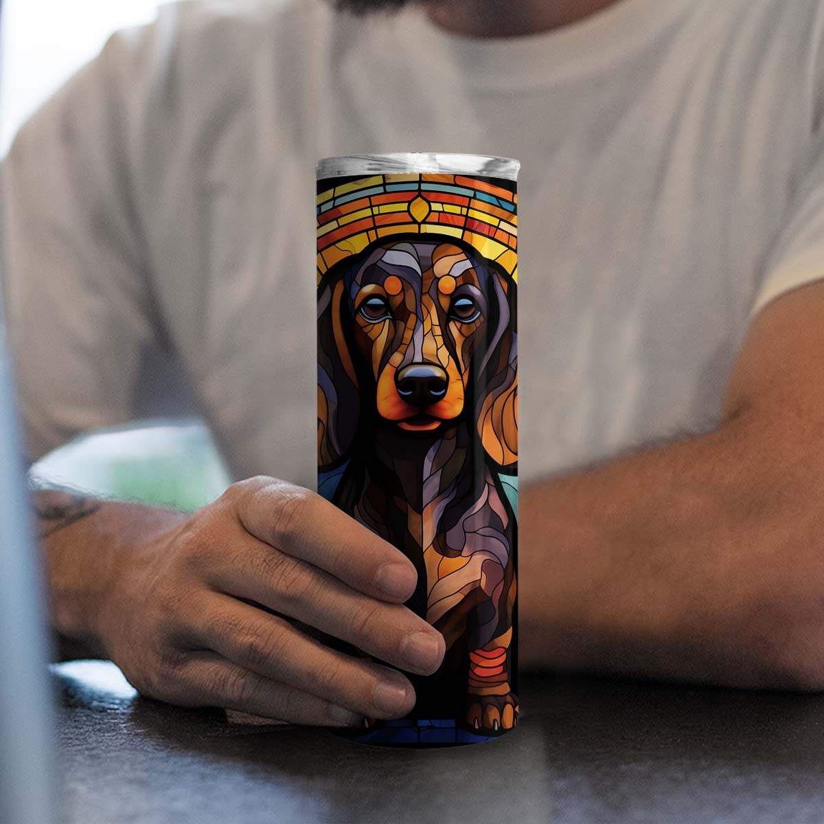 Dachshund In Stained Glass 20oz Skinny Tumbler, Dachshund Tumbler, Pets Dog Lover, Dog Mom Dog Dad, Vibrant Tumbler, Trending Tumbler