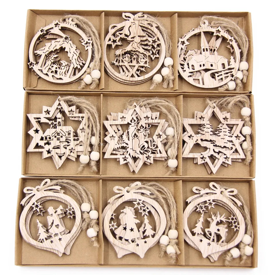 12-Piece Vintage Snowflake Wooden Pendants Set: Christmas Tree Hanging Ornaments and Festive Decoration Gifts