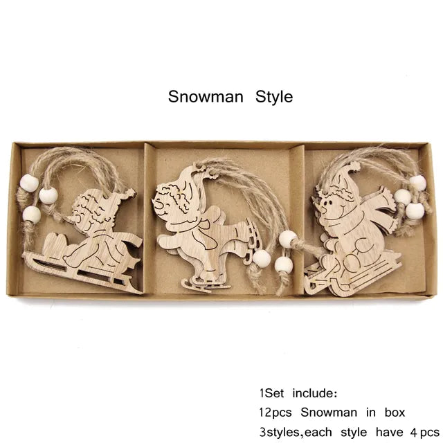 12-Piece Vintage Snowflake Wooden Pendants Set: Christmas Tree Hanging Ornaments and Festive Decoration Gifts