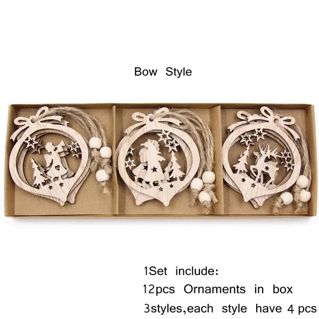 12-Piece Vintage Snowflake Wooden Pendants Set: Christmas Tree Hanging Ornaments and Festive Decoration Gifts