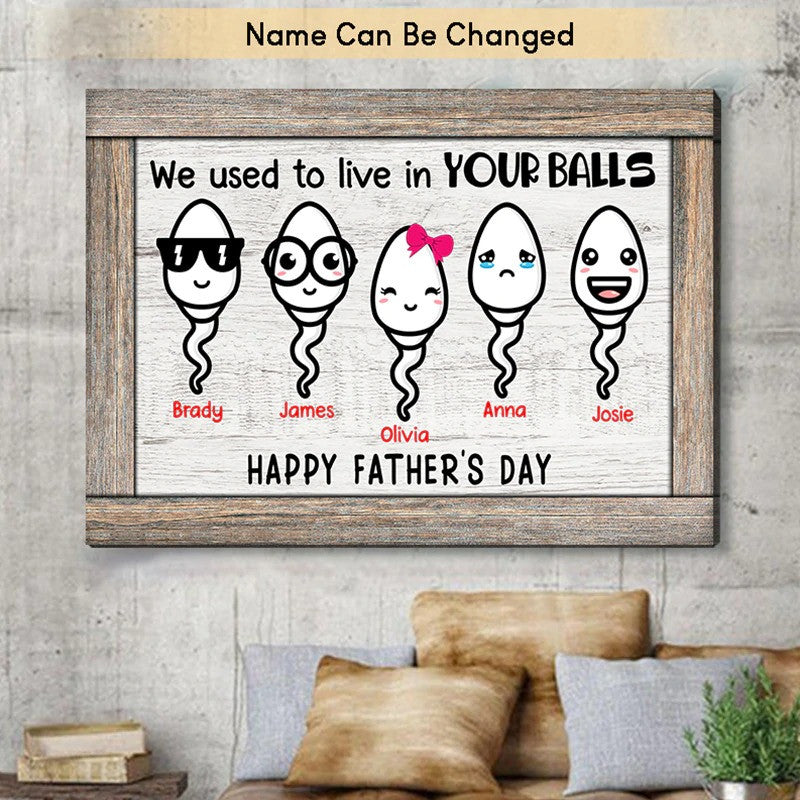 Funny Happy Father Day Canvas, We used to live in Your Balls Funny Gift for Father from Kids