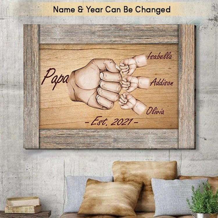 Personalized Papa Hands Kid American Flag Father's Day Canvas for Grandpa