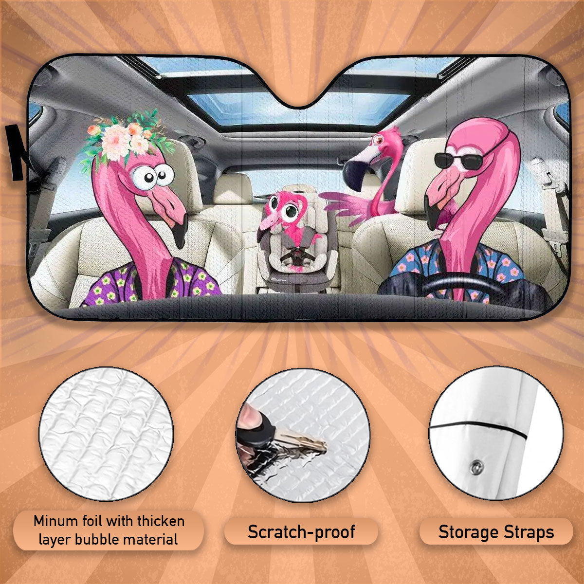 Custom Windshield Sun Shade for Car Cute Flamingos Family Driver Car Sun Shade
