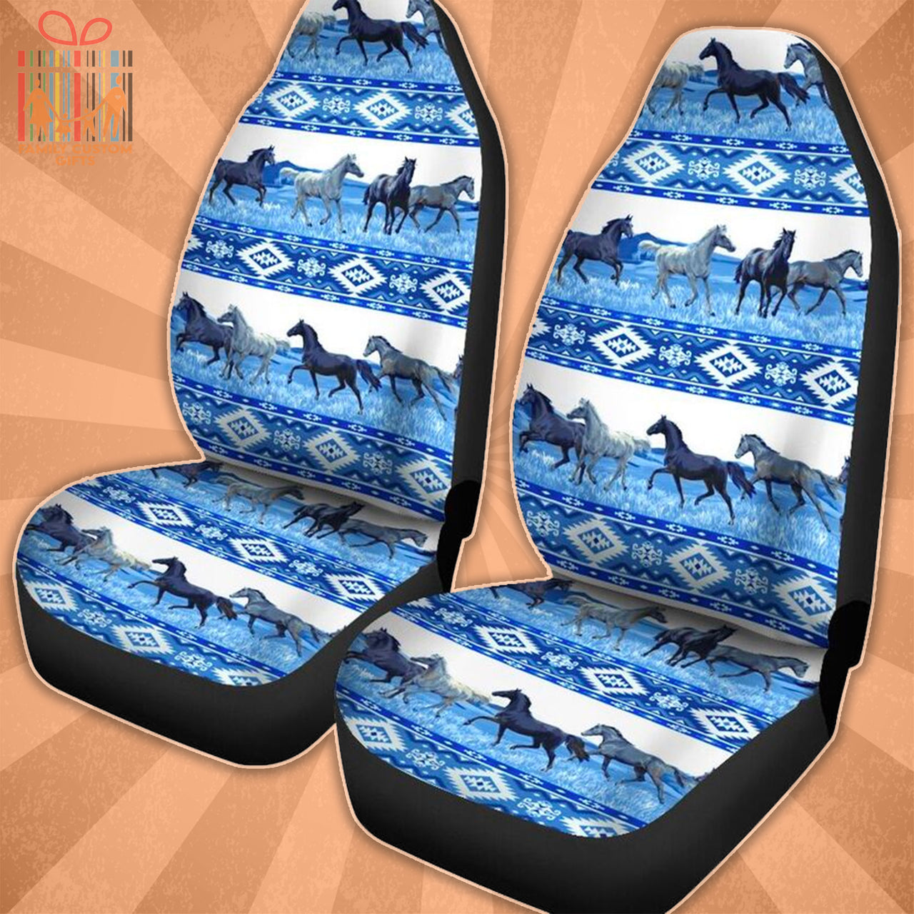 Custom Car Seat Cover Blue Horse Pattern Seat Covers for Cars