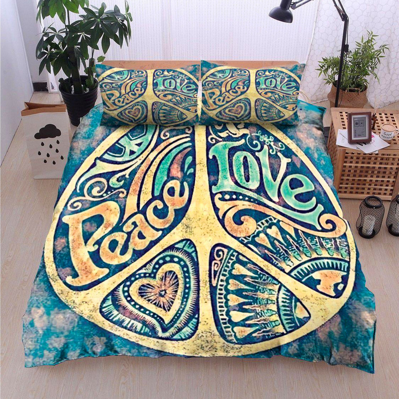 Comforter Hippie Peace and Love Pacifist Colorful Custom Bedding Set for Kids Teens Adult Premium Bed Set