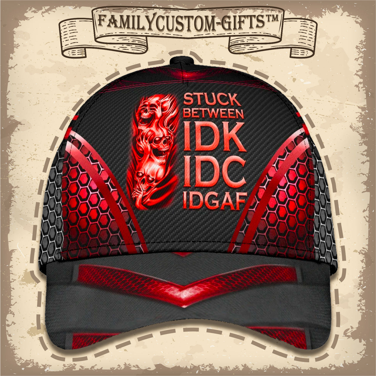 Skull Stuck Between IDK IDC and IDGAF Custom Hats for Men & Women 3D Prints Personalized Baseball Caps