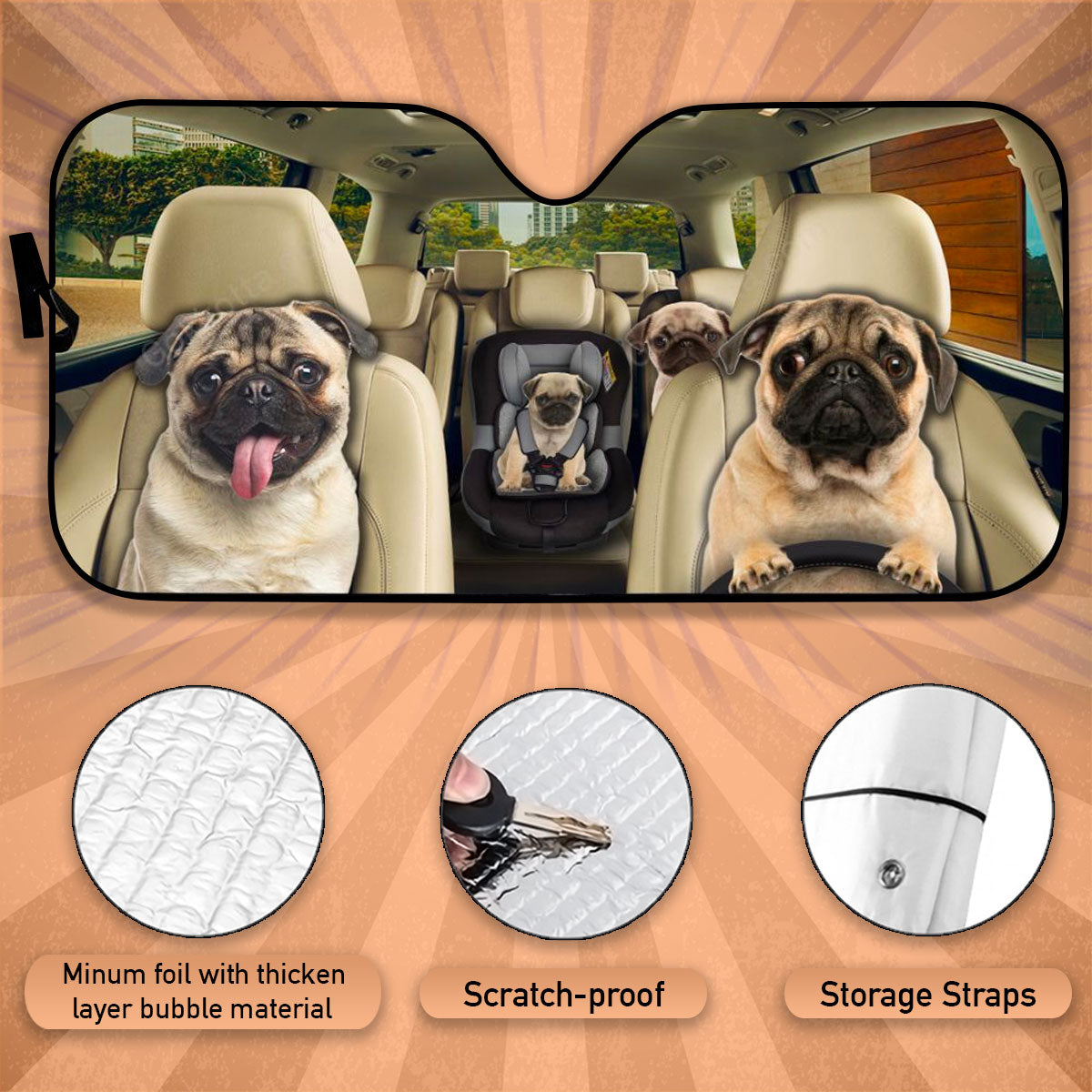 Custom Windshield Sun Shade for Car Cute Pug Dog Family Driver Car Sun Shade - Car Accessory