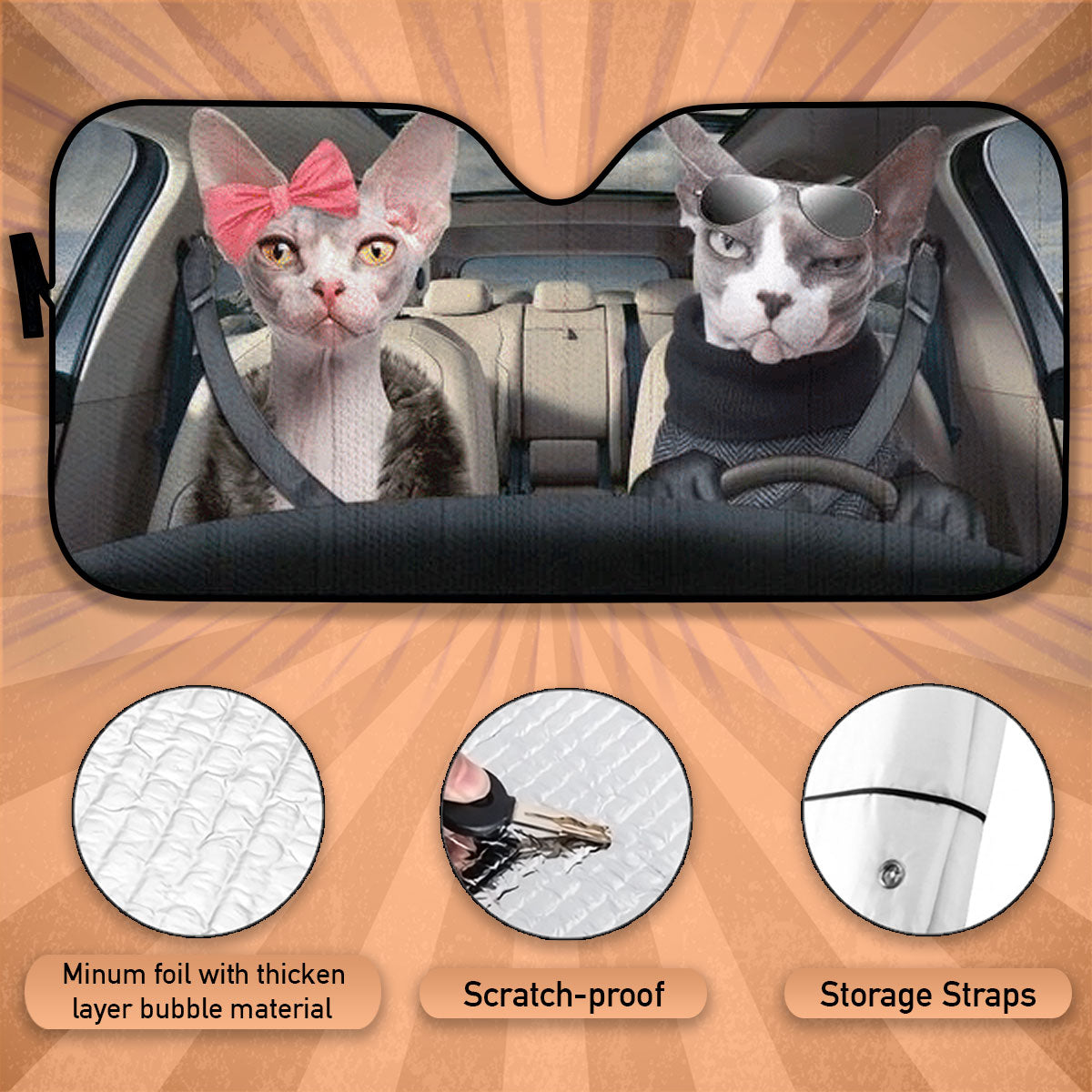 Custom Windshield Sun Shade for Car Fun Cute Sphynx Cats Couple Driver Car Sun Shade