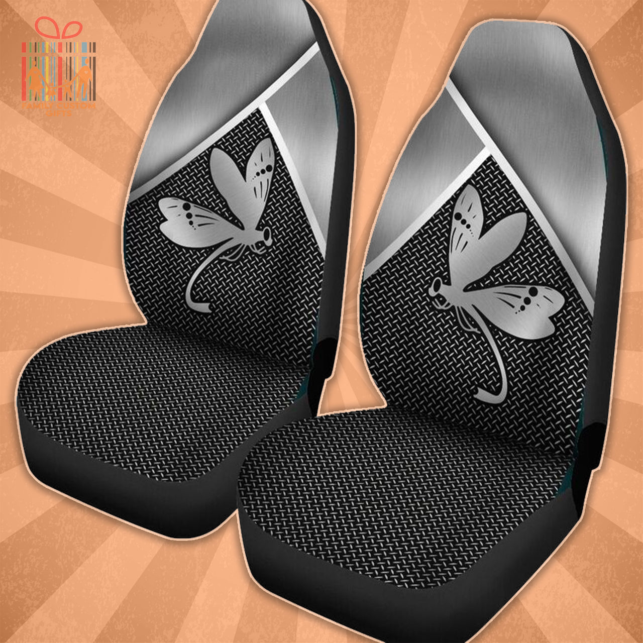 Custom Car Seat Cover Dragonfly Print 3D Silver Metal Seat Covers for Cars