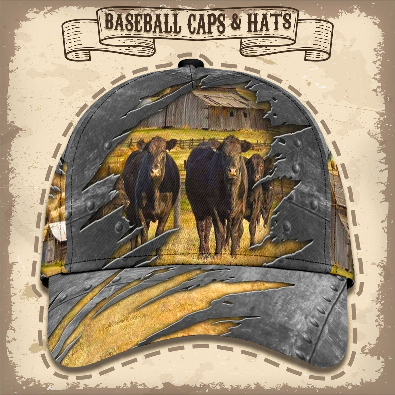 Cow Print Farmhouse Custom Hats for Men & Women 3D Prints Personalized Baseball Caps