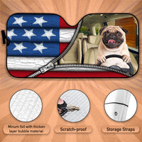 Thumbnail for Custom Windshield Sun Shade for Car Pug Dog Driver American Flag Zipper Car Sun Shade - Car Accessory