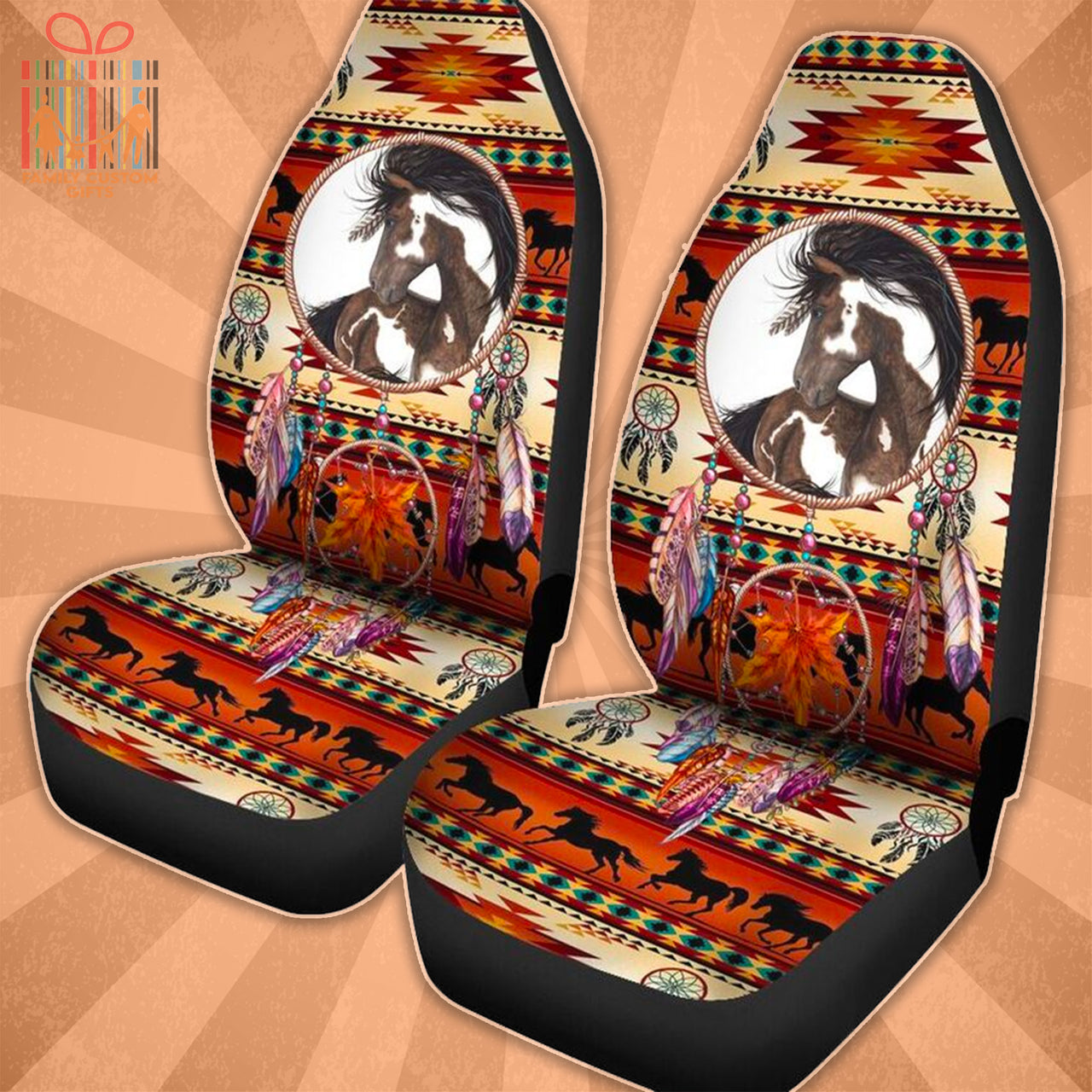 Custom Car Seat Cover Galloping Horses Seat Cover for Cars Boho Dream Catcher Wildlife