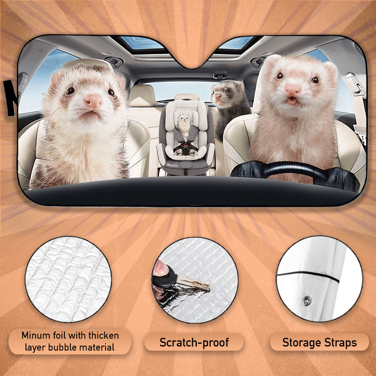 Custom Windshield Sun Shade for Car Cute Ferrets Family Driver Car Sun Shade - Car Accessory