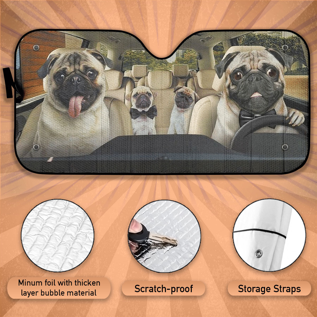 Custom Windshield Sun Shade for Car Animal Pug Dog Family Driver Car Sun Shade - Car Accessory