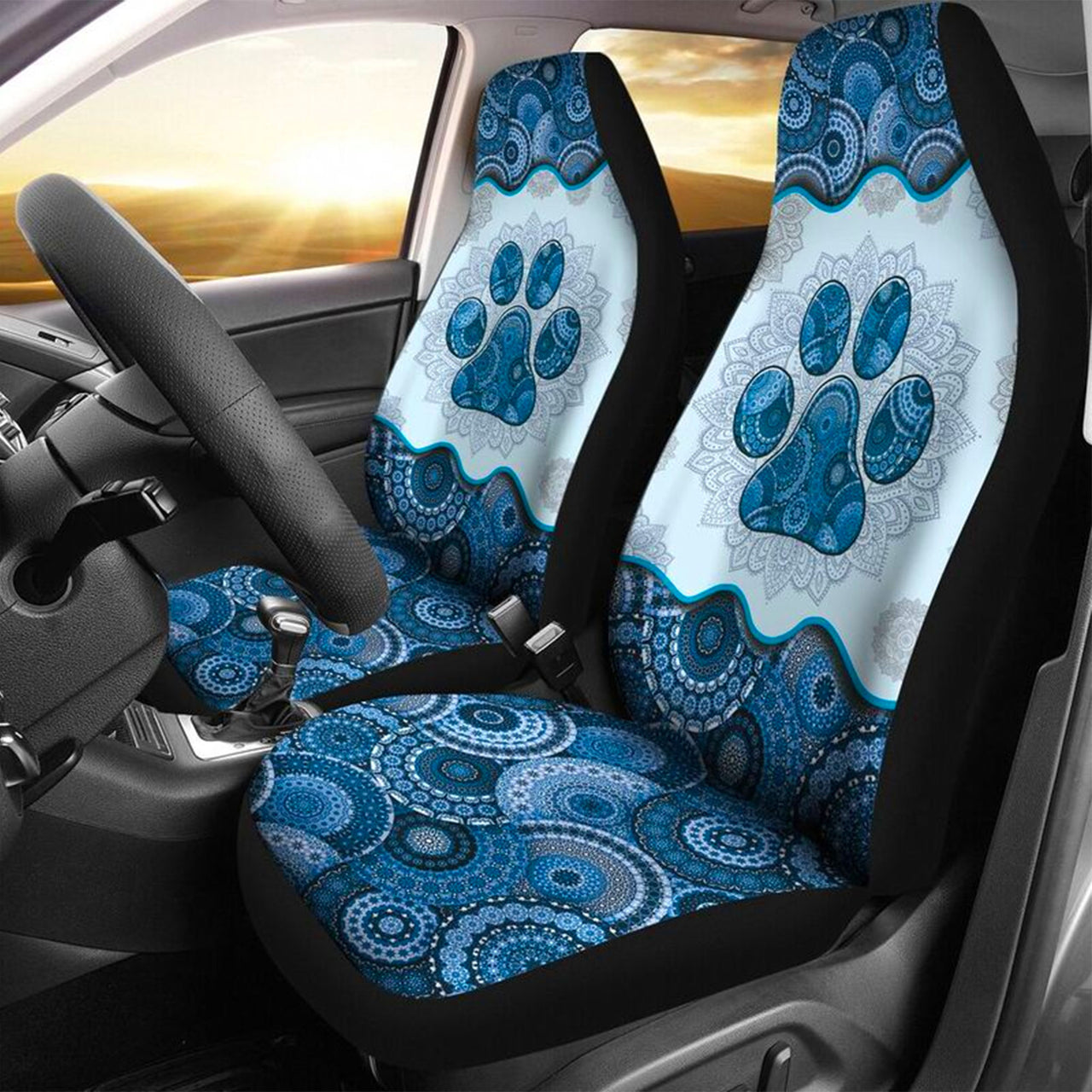 Custom Car Seat Cover Dog Paw Blue Bohemian Vintage Mandala Pattern Seat Covers for Cars