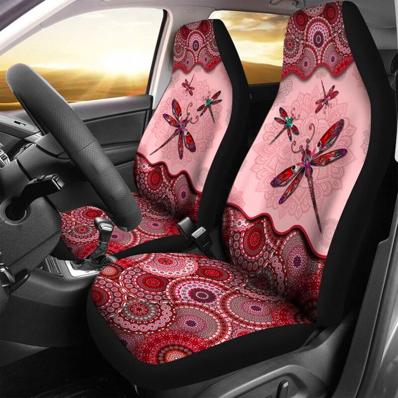 Custom Car Seat Cover Red Dragonfly Bohemian Vintage Mandala Seat Covers for Cars