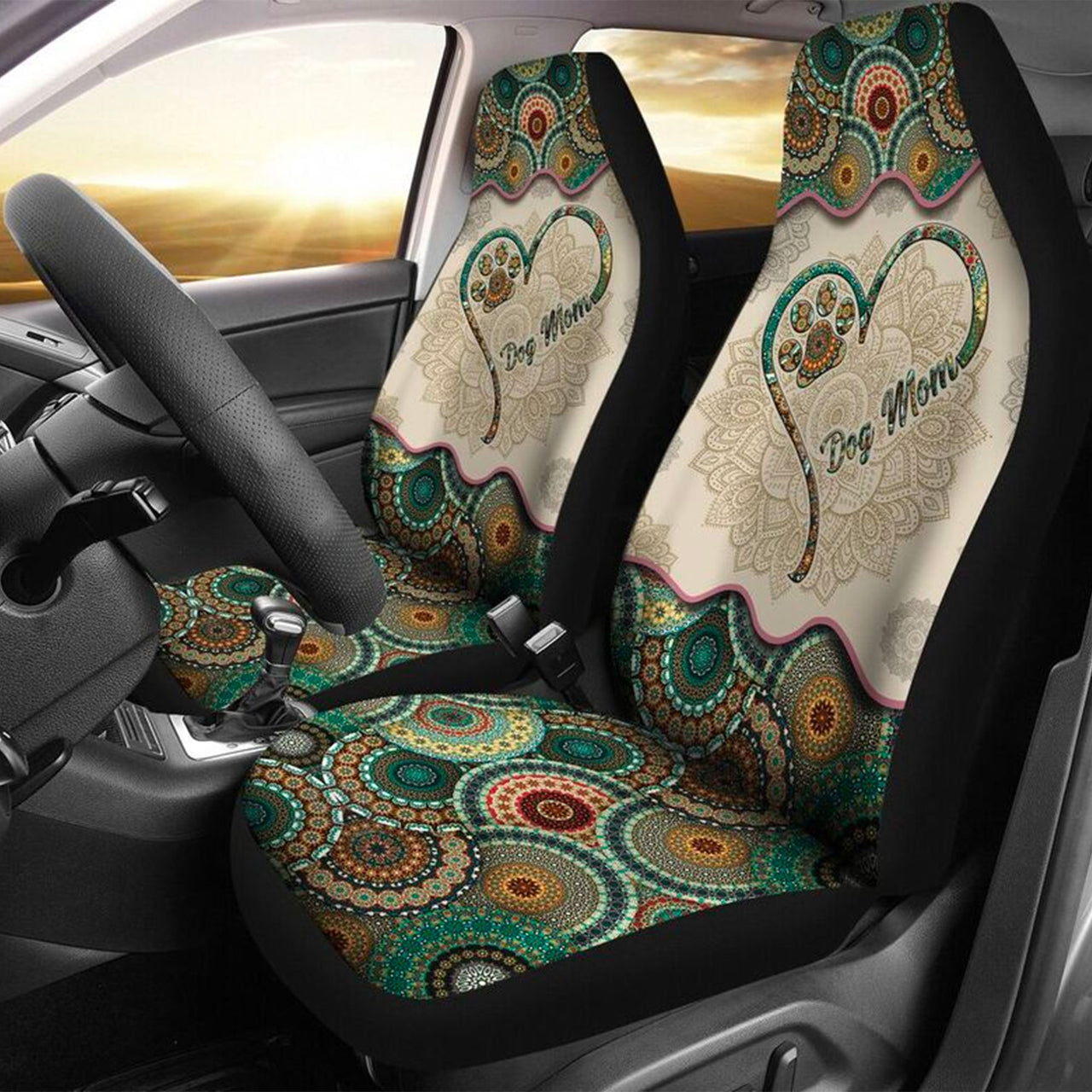 Custom Car Seat Cover Dog Mom Paw Bohemian Vintage Mandala Pattern Seat Covers for Cars