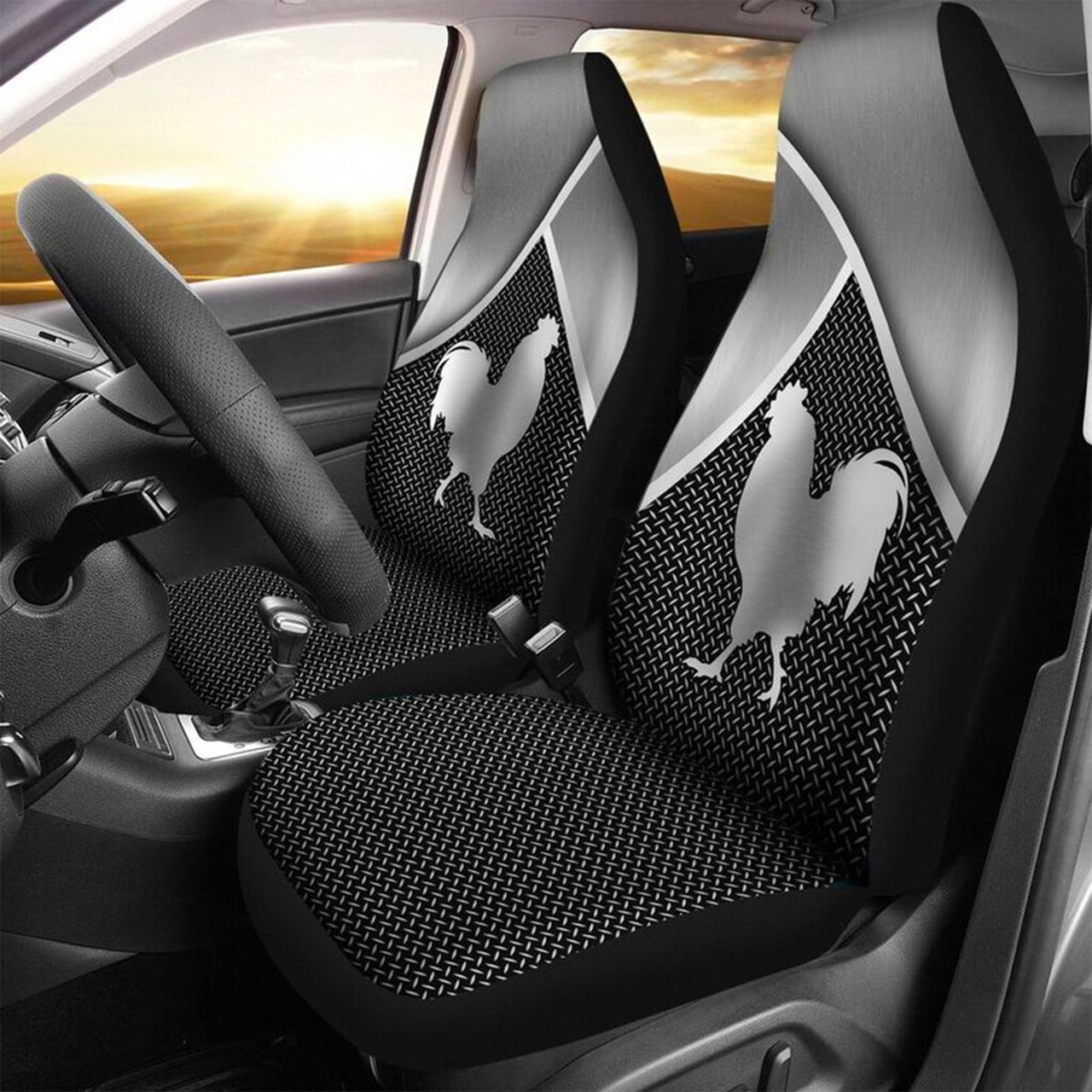 Custom Car Seat Cover Chicken Print 3D Silver Metal Seat Covers for Cars
