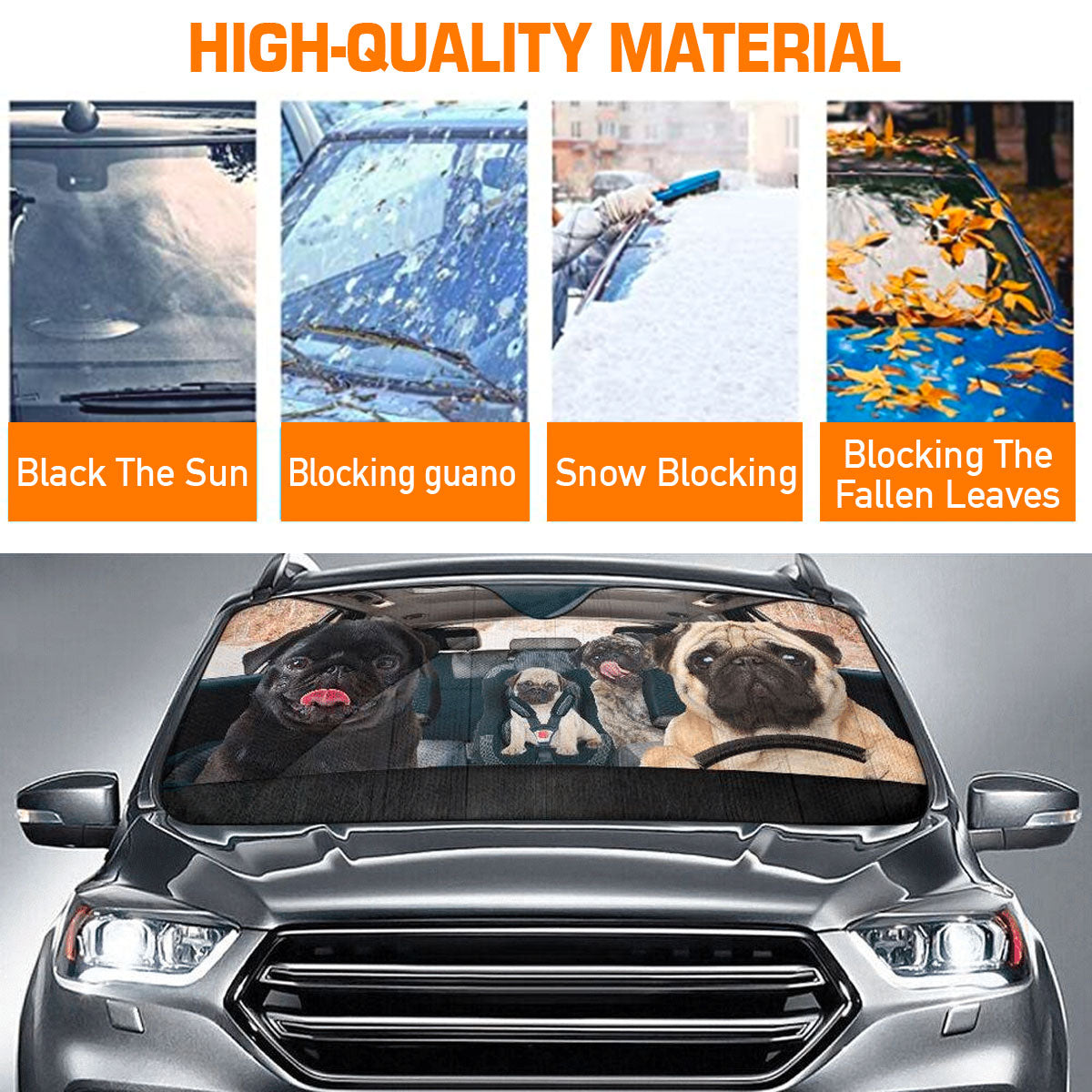 Custom Windshield Sun Shade for Car Cute Pug Dog Family Driver Car Sun Shade - Car Accessory