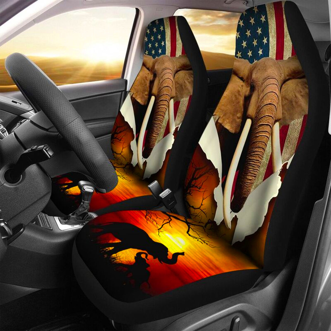 Custom Car Seat Cover Elepehant Sunset American Flag Seat Covers for Cars