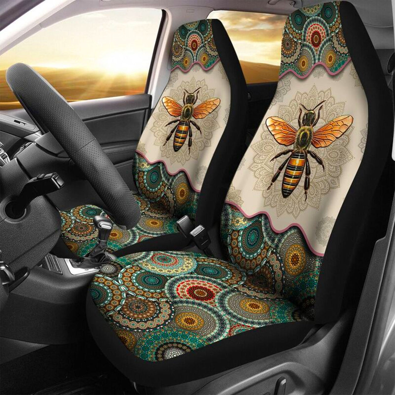Custom Car Seat Cover Bee Bohemian Vintage Mandala Seat Covers for Cars