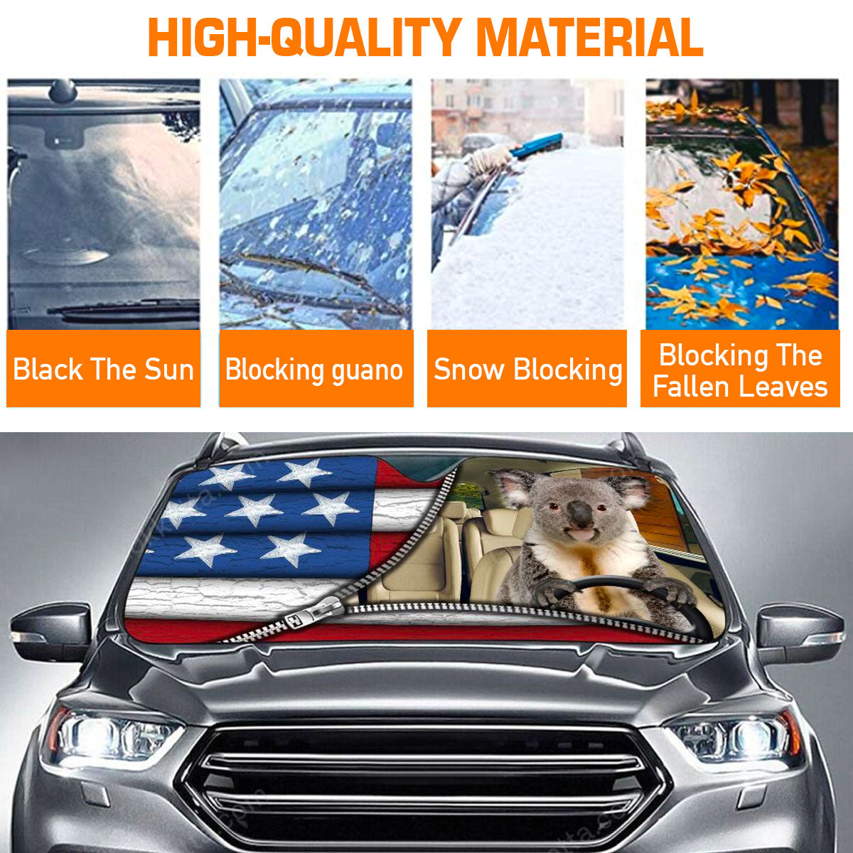Custom Windshield Sun Shade for Car Cute Koala American Flag Zipper Driver Car Sun Shade